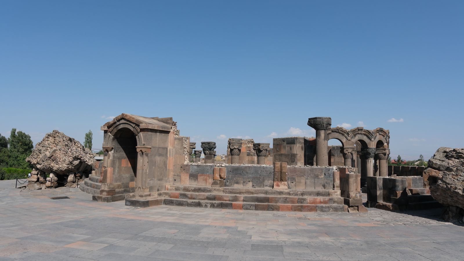 Stone ruins of Zvartnots Cathedral in Vagharshapat, Armenia.