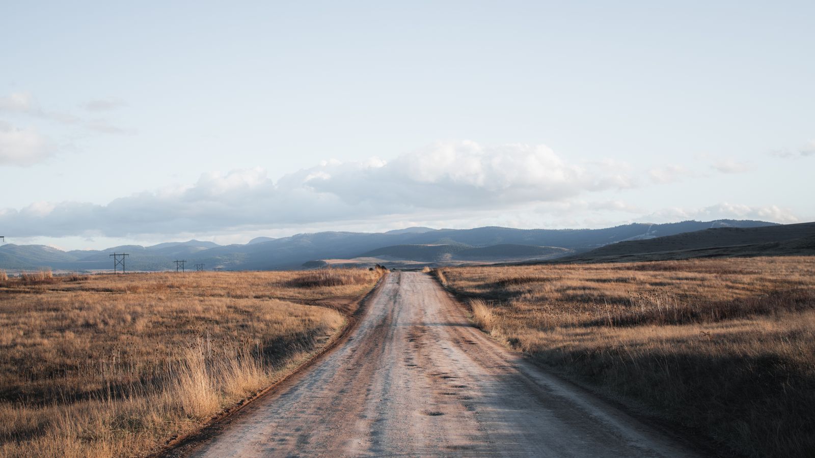 Dirt road through golden Montana grassland with distant mountains under clouds.