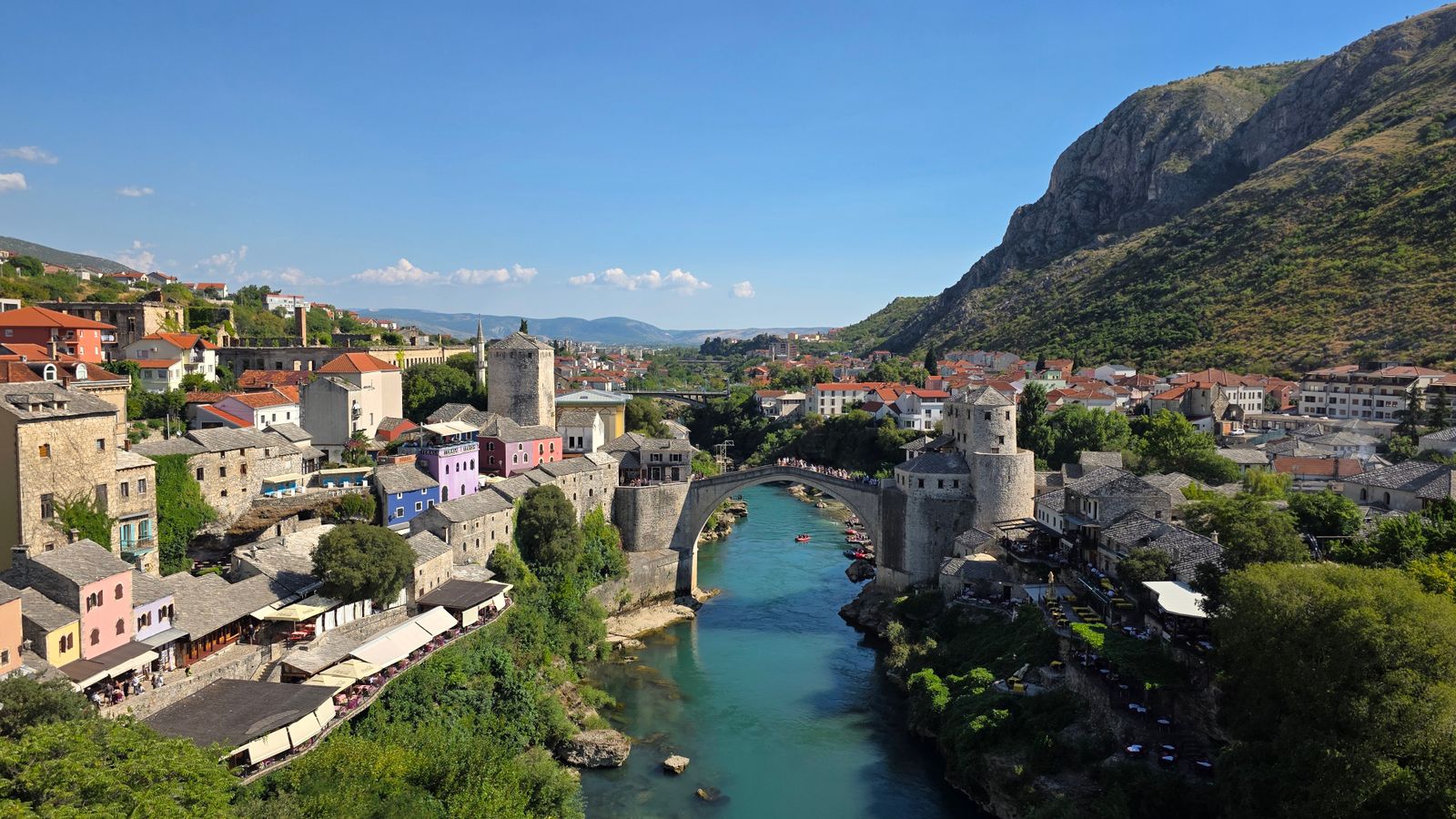 The Old Bridge and old town of Mostar above the Neretva River.