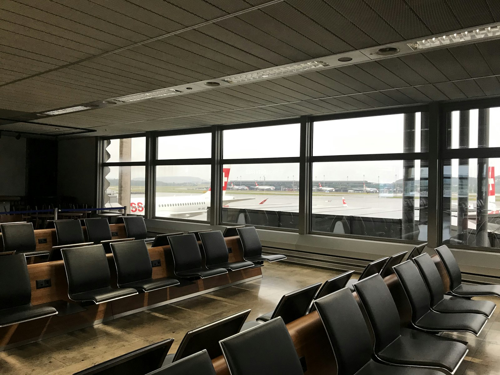 Airport terminal seating area without identifiable faces