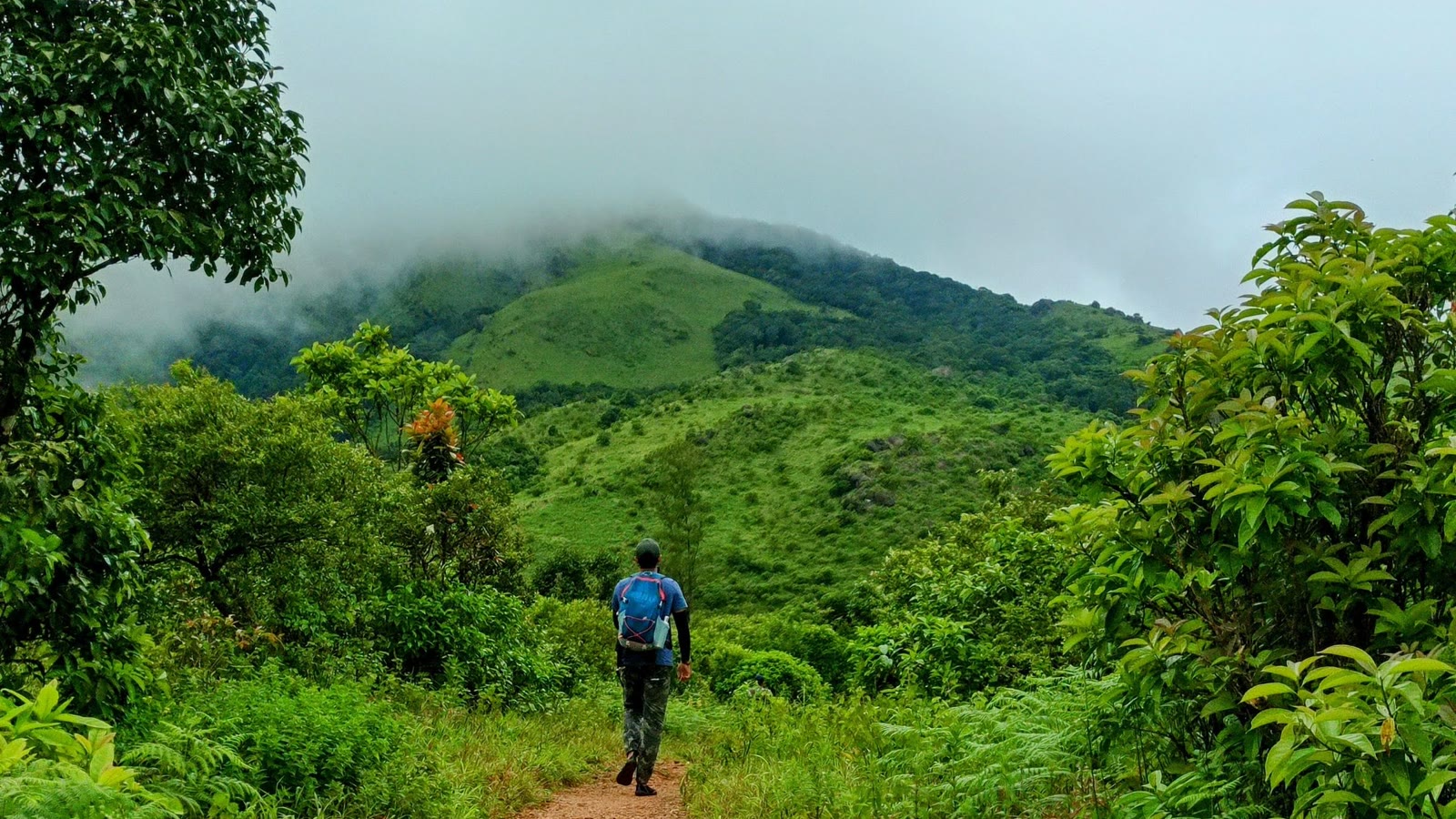 A solitary hiker on a green mountain trail under cloudy peaks